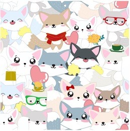 seamless pattern cute happy smile spring summer baby fox,emoji emotional celebrated cartoon,for card background pattern vector,by freehand draw doodle art,adorable set animal illustration comic