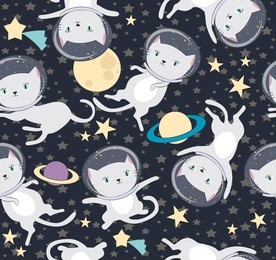 fun cat astronaut in space seamless pattern. vector cartoon charters. editable vector illustration.