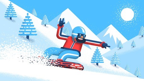 bearded snowboarder in bright clothes rushes down the mountain. vector illustration in a flat style with noise shadows.