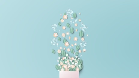 illustration of design bouquet with spring text. bouquet of flowers and text placed on a blue background in spring season. paper cut and craft style. vector, illustration.