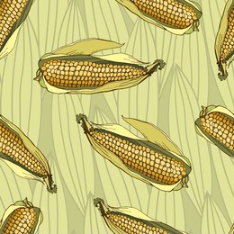 seamless pattern in warm tones with corn cobs on the background of a grey-green striped leaves.