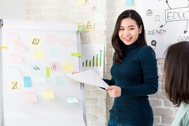 young asian woman college teacher teaching her students in classroom