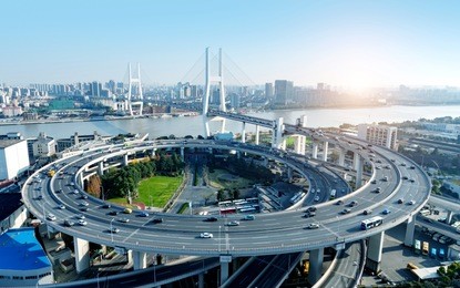beautiful nanpu bridge, crossing the huangpu river, shanghai, china.