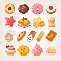 set of colorful sweet desserts, cookies and other pastry. isolated vector illustrations.