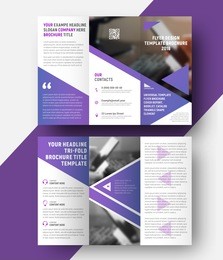 vector template of a three-fold brochure with a place for a photo, and triangular purple elements. design of a folding universal flyer with a quote for business, printing and advertising.