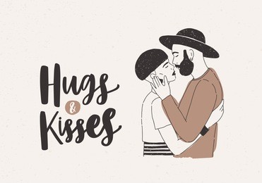 february 14 greeting card or postcard template with pair of embracing young stylish man and woman dressed in trendy clothes and hugs and kisses inscription on light background. vector illustration. 