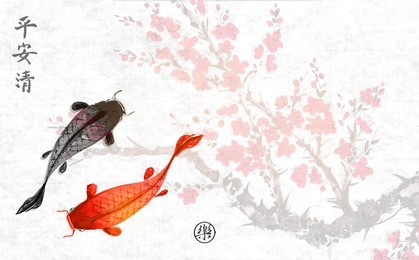 sakura branch in blossom and two big fishes. traditional oriental ink painting sumi-e, u-sin, go-hua. contains hieroglyphs - peace, tranquility, clarity, joy.