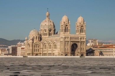 cityscape. beautiful view of famous marseille cathedral la major - cathedrale sainte-marie-majeur, seats on the archdiocese of marseille