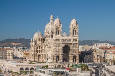 cityscape. beautiful view of famous marseille cathedral la major - cathedrale sainte-marie-majeur, seats on the archdiocese of marseille