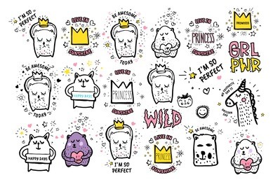 big set of vector cute doodles illustrations with text and graphic design elements, fancy fantasy animals. trendy characters collections for kid stickers, print