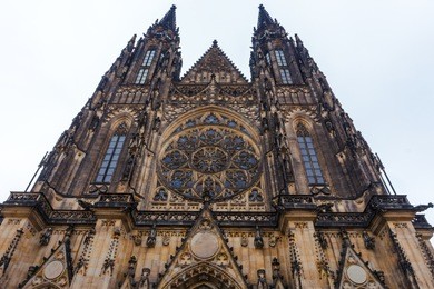 facade of gothic architecture of saint vitus cathedral in prague, czech republic