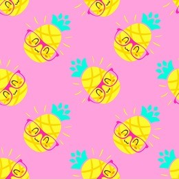 vector cartoon pineapple in glasses punchy pastel pink seamless pattern