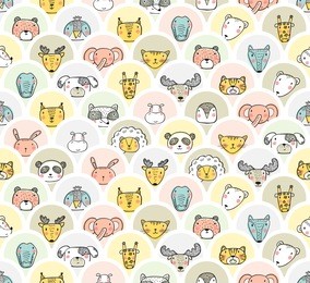 cute animal face heads round stickers set seamless pattern. hand drawn doodle cartoon funny wild animals, pets and birds labels vector background  for kids