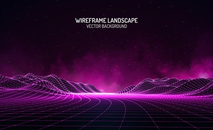 abstract digital landscape with particles dots and stars on horizon. wireframe landscape background. big data. 3d futuristic vector illustration. 80s retro sci-fi background