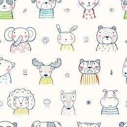 cute scandinavian style animal faces seamless pattern. hand drawn doodle cartoon animals. vector background for kids