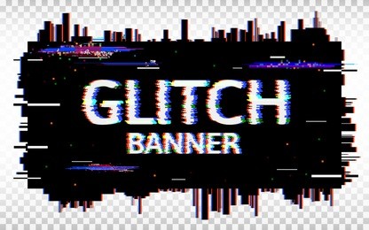 glitch banner. distorted glitch font. trendy design template with colorful geometric shapes and pixels. abstract pixel noise effect. vector illustration.