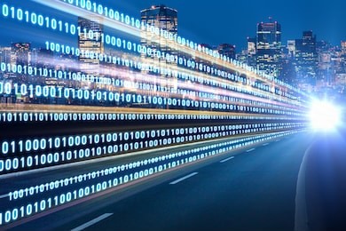digital signals flying over highway. digital transformation. internet of things. 