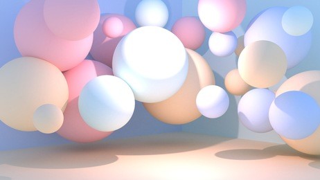 pastel room decorated with random sizes balls. 3d rendering picture.