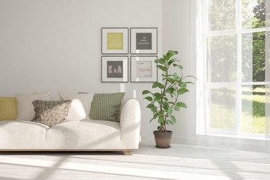 idea of white room with sofa and summer landscape in window. scandinavian interior design. 3d illustration