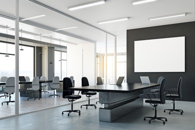 modern meeting room with city view and blank poster on wall. mock up, 3d rendering 