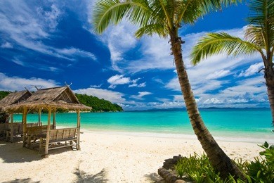 paradise-like scenery on the magnificent beach of siam bay with palm trees on the right and thatched structures on the left. siam bay is on racha island, southeast of phuket, thailand.