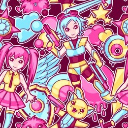japanese anime cosplay seamless pattern. cute kawaii characters and items.