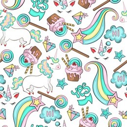 seamless bright colorful pattern of unicorns, phrases hi and da, clouds of thoughts, stars, crystal, ice cream, cake, caramel, candy, sweets, pastel pink sweets, yellow, blue, turquoise, shades.