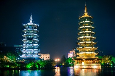 night view of the pagodas lake in guilin, china