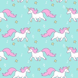 simple cute seamless pattern with stars, magic rainbow unocorn horse with pink mane, gold hooves, notes.  background for textile,  manufacturing, wallpapers, print, gift wrap and scrapbooking. 
