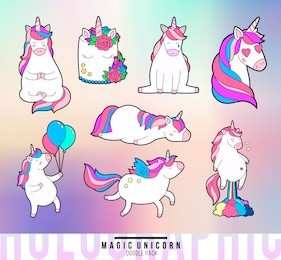 magic unicorn doodle patches. trendy pink unicorn sticker pack with rainbow and different emotions: love, dream, sad, happy, farting rainbow. holographic back texture. vector illustration.