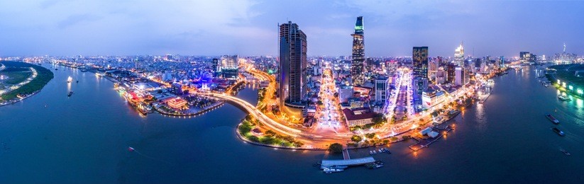 top view aerial photo from flying drone of bitexco, a developed metropolitan with office skyscrapers and business center.ho chi minh city with tall buildings
