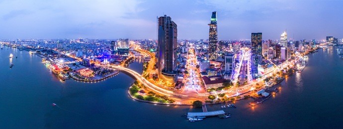 top view aerial photo from flying drone of bitexco, a developed metropolitan with office skyscrapers and business center.ho chi minh city with tall buildings