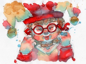 watercolor painting illustration set of funny kid clown , hand drawn on paper, april fool's day concept