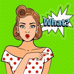 pop art surprised lady. young beautiful girl with what sign, pretty comic art shocked woman vector illustration