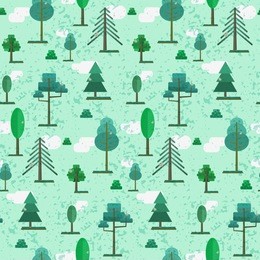 cute spring or summer flat textured forest seamless pattern. nature texture with vector green trees, white snow or clouds and gray bird for kids textile, wrapping paper, cover, background, game design