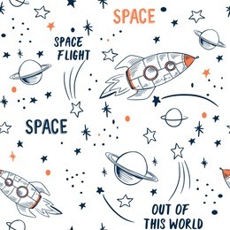 hand drawn space elements seamless pattern. space background. space doodle illustration. vector illustration. seamless pattern with cartoon space rockets, planets, stars, slogans