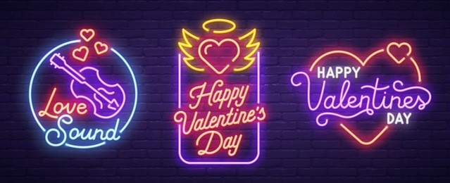 set neon logo, label, emblem. happy valentine's day. neon sign, bright signboard, light banner. 