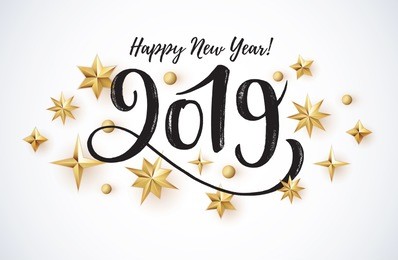 2019 hand written lettering with golden christmas stars on a black background. happy new year card design. vector illustration eps 10 file.