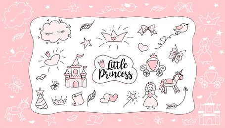 children's drawings. little princess. set of doodle illustration hand drawn. sketch design for cute party(baby shower, girl birthday) isolated on white background. pink with black outlines.photo frame