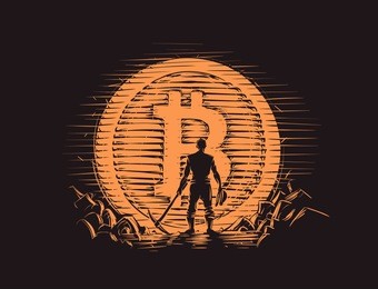 bitcoin miner standing with pick axe near big bitcoin coin. vector. 
