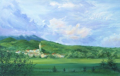 original oil painting on canvas view of of alpine village with roman church in slovenia vipava valley the ulian alps close up painted illustration with sunny summer landscape for print or design
