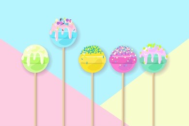 lollipops on pastel background in flat style design. fashion trendy background with candy, minimalism concept. cake pops vector illustration for a poster, cards, background.