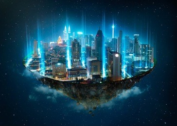 fantasy island floating in the air with network light came out from the ground  , smart city and wireless network connection concept .