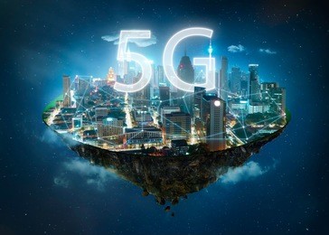 fantasy island floating in the air with 5g network wireless systems and internet of things , smart city and communication network concept .