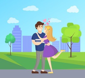 boy and girl hugging with hearts showing love and passion, vector on background of skyscrapers in park background, girlfriend in green dress rise leg up