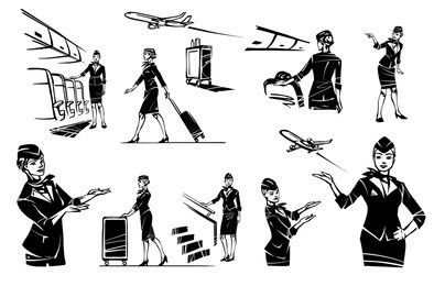 a beautiful flight attendant in the cabin of the plane. stewardess at the gangway. the stewardess points. the stewardess goes and rolls her suitcase.