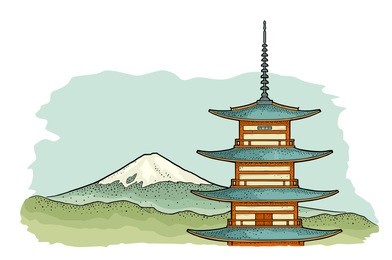mountain fuji in japan. vintage color vector engraving illustration for poster, label, web. isolated on white background. hand drawn design element
