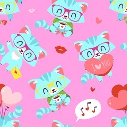 vector cat in glasses with heart punchy pastels pink st. valentine's day seamless pattern