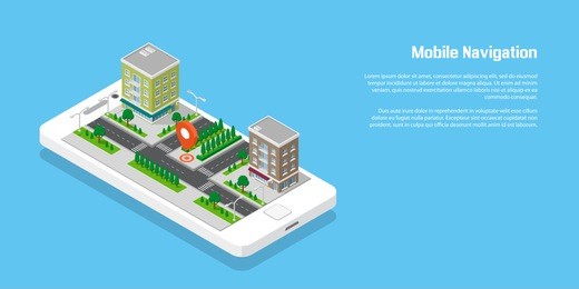isometric city with roads and buildings on smart phone. map on mobile application. 3d vector illustration. mobile navigation concept.