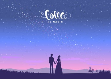 happy valentines day illustration. romantic silhouette of loving couple at night under the stars. vector illustration